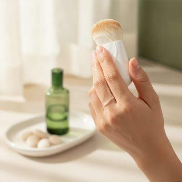 A person's hand applies a clear collagen tearing mask to their cheek with a soft brush in a modern bathroom.
