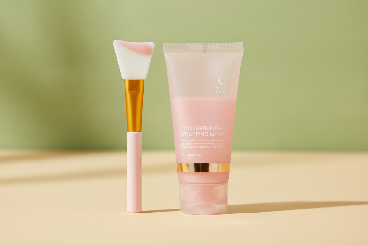 Collagen Tearing Mask tube and application brush on a warm cream surface with a soft forest green background.